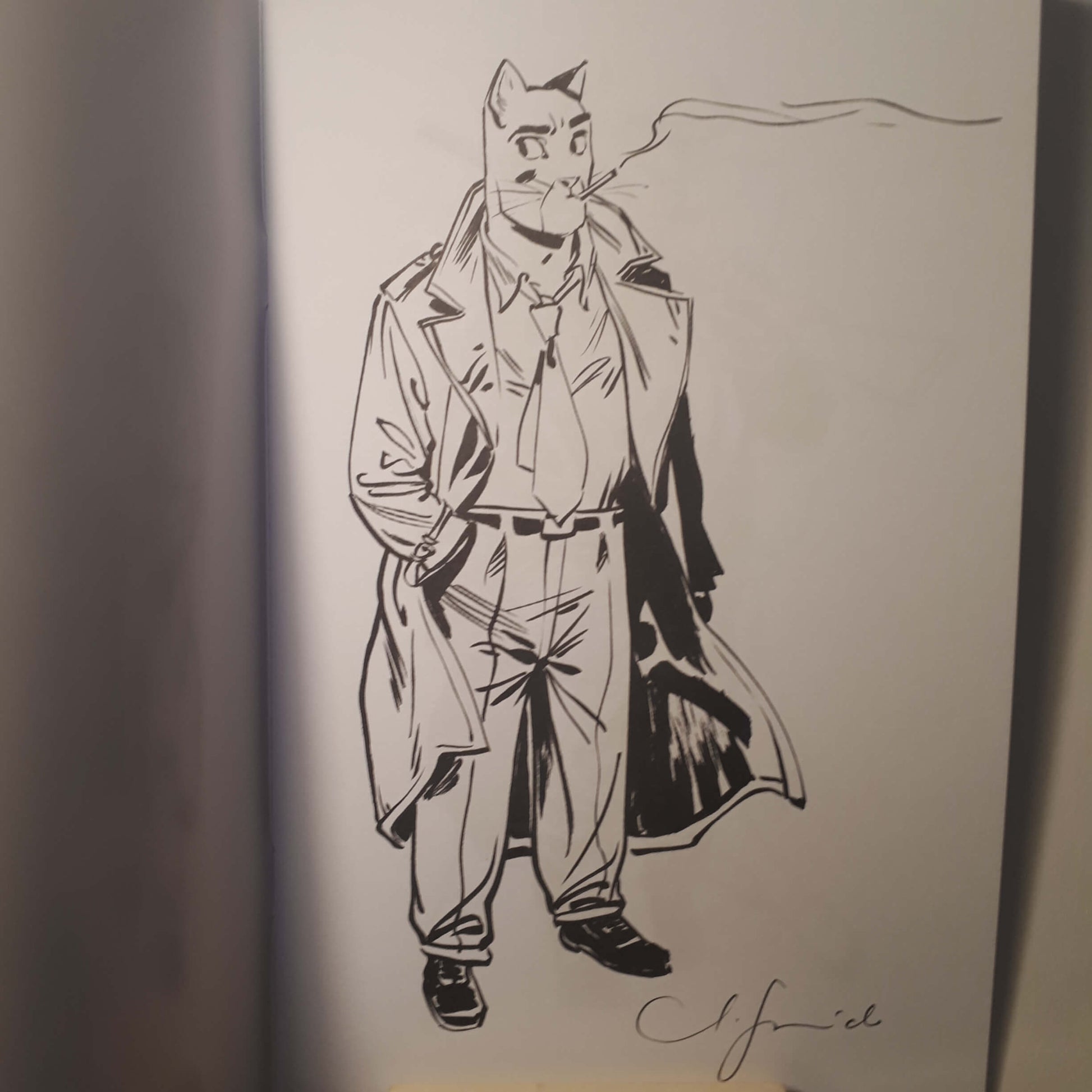 A black ink illustration of a cat dressed in a trench coat, tie, and trousers, standing and smoking a cigarette, shown on a white sheet of paper.