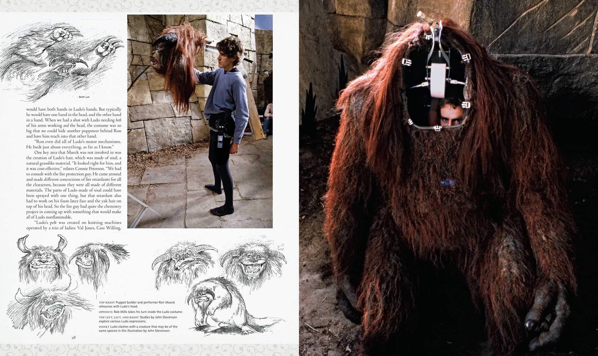 Person in a large furry costume with a mask, next to illustrations and photos of the costume design process.