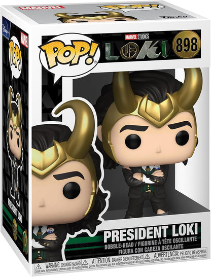 Funko Pop! vinyl figure packaging featuring President Loki with gold helmet and black suit.