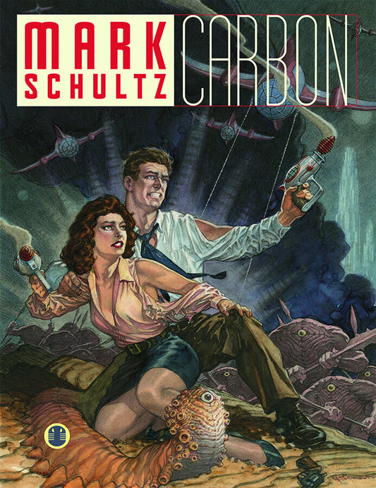 Cover of the comic book 'Mark Schultz Carbon' featuring a man and a woman in a dramatic pose with a background of dark, swirling illustrations suggesting a supernatural or fantastical element.