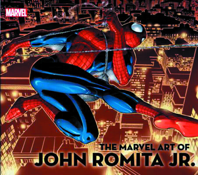 Cover of the book 'The Marvel Art of John Romita Jr.' featuring a stylized illustration of Spider-Man in a dynamic pose with a cityscape background.