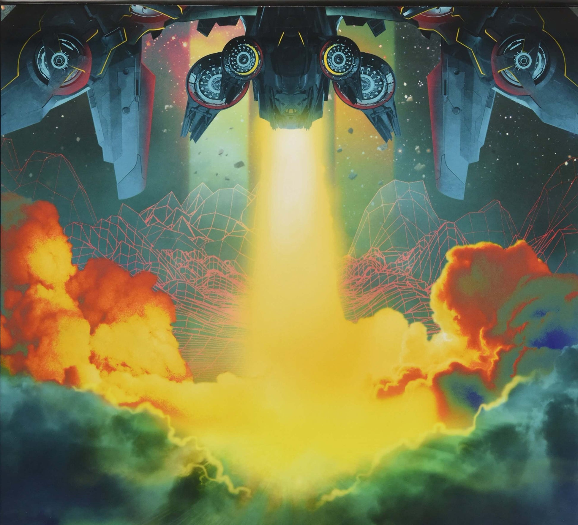 Futuristic space scene artwork showing a spacecraft launching upward with bright yellow thrust, orange and green clouds at the bottom, and a dark starry sky above.