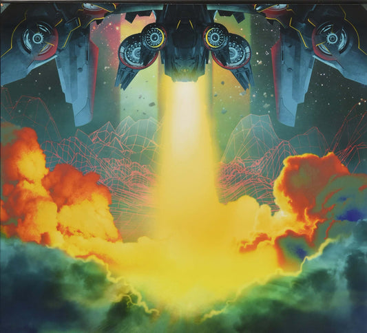 Futuristic space scene artwork showing a spacecraft launching upward with bright yellow thrust, orange and green clouds at the bottom, and a dark starry sky above.