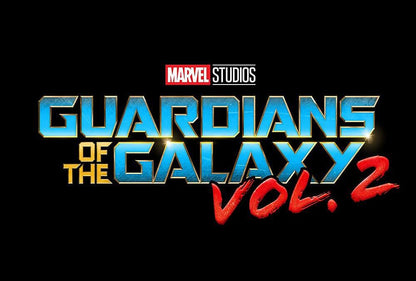 Marvel Studios Guardians of the Galaxy Vol. 2 movie poster logo on a black background, with the Marvel Studios logo above large metallic blue and gold title text and red 'Vol.