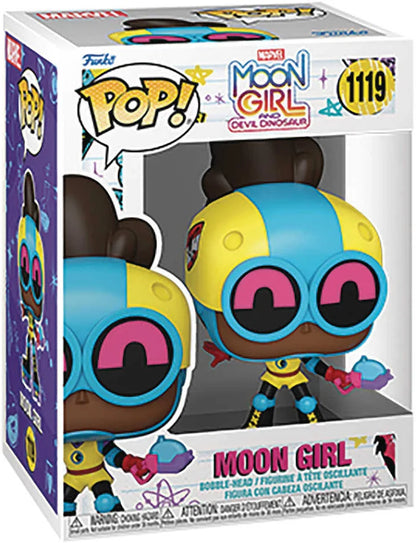 Funko Pop! Moon Girl figure in its original retail box, featuring the character with a yellow and blue helmet, pink goggles, and a small blue and yellow body.