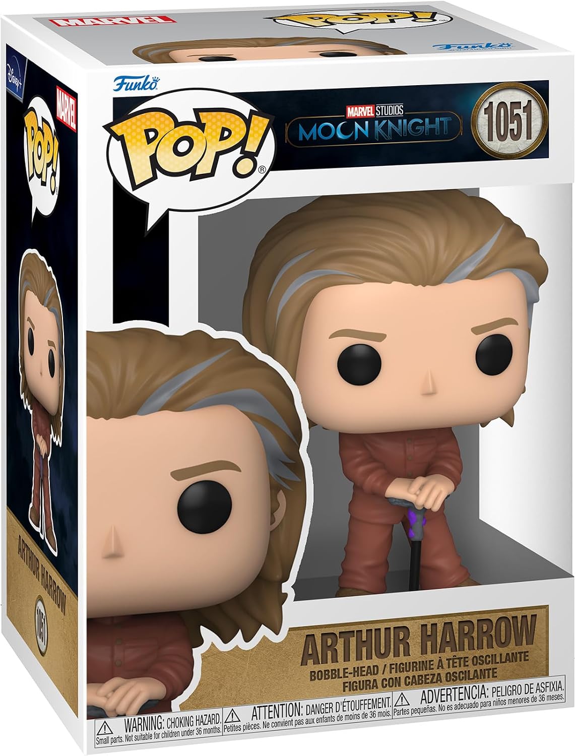 Funko Pop! vinyl figure of Arthur Harrow from Marvel's Moon Knight, number 1051, shown in its original window box packaging.