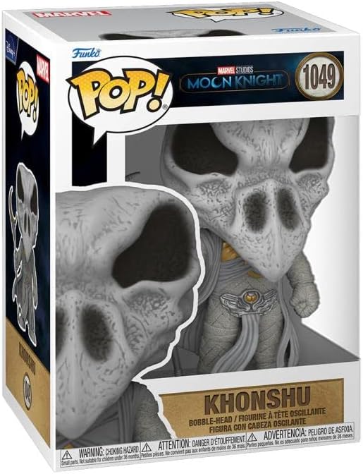 Funko Pop! vinyl figure box for Marvel's Moon Knight Khonshu, number 1049. The packaging shows a grayscale skull-faced figure with a gray robe and gold emblem, plus a close-up inset of the skull on the front.