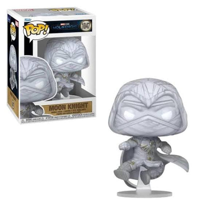 Funko Pop! vinyl figure of the Marvel Moon Knight, number 1047, shown next to its original window box packaging on a plain white background.