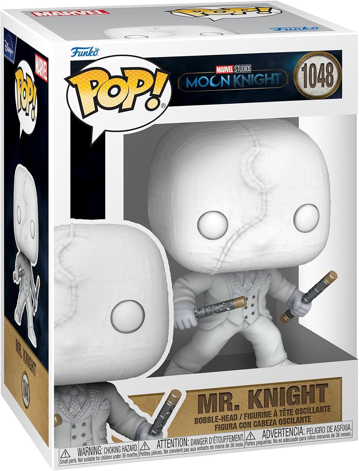 Funko Pop! Marvel Studios Moon Knight #1048 Mr. Knight vinyl figure in its original retail packaging, showing the white figure with a stitched face and holding a cane.