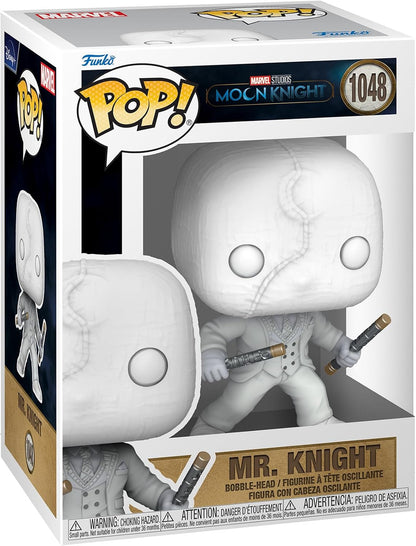 Funko Pop! Marvel Studios Moon Knight #1048 Mr. Knight vinyl figure in its original retail packaging, showing the white figure with a stitched face and holding a cane.