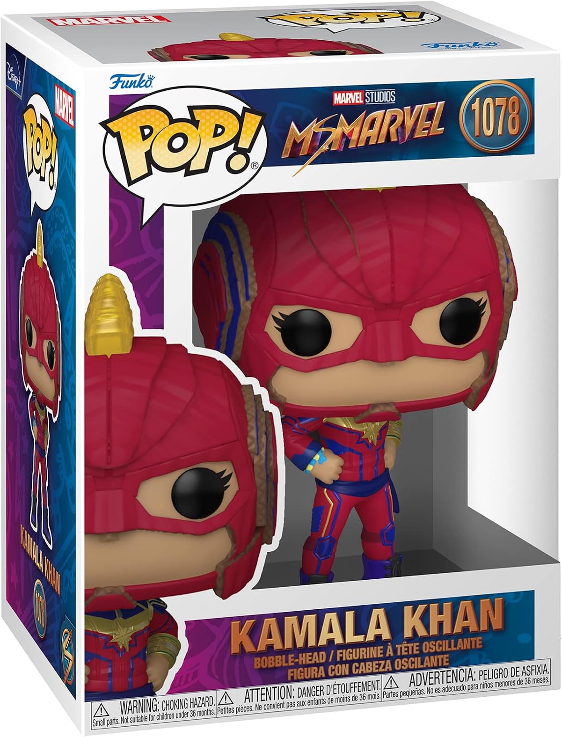 Funko Pop! vinyl figure packaging of Kamala Khan from Marvel's Ms. Marvel, with colorful design and Funko logo.