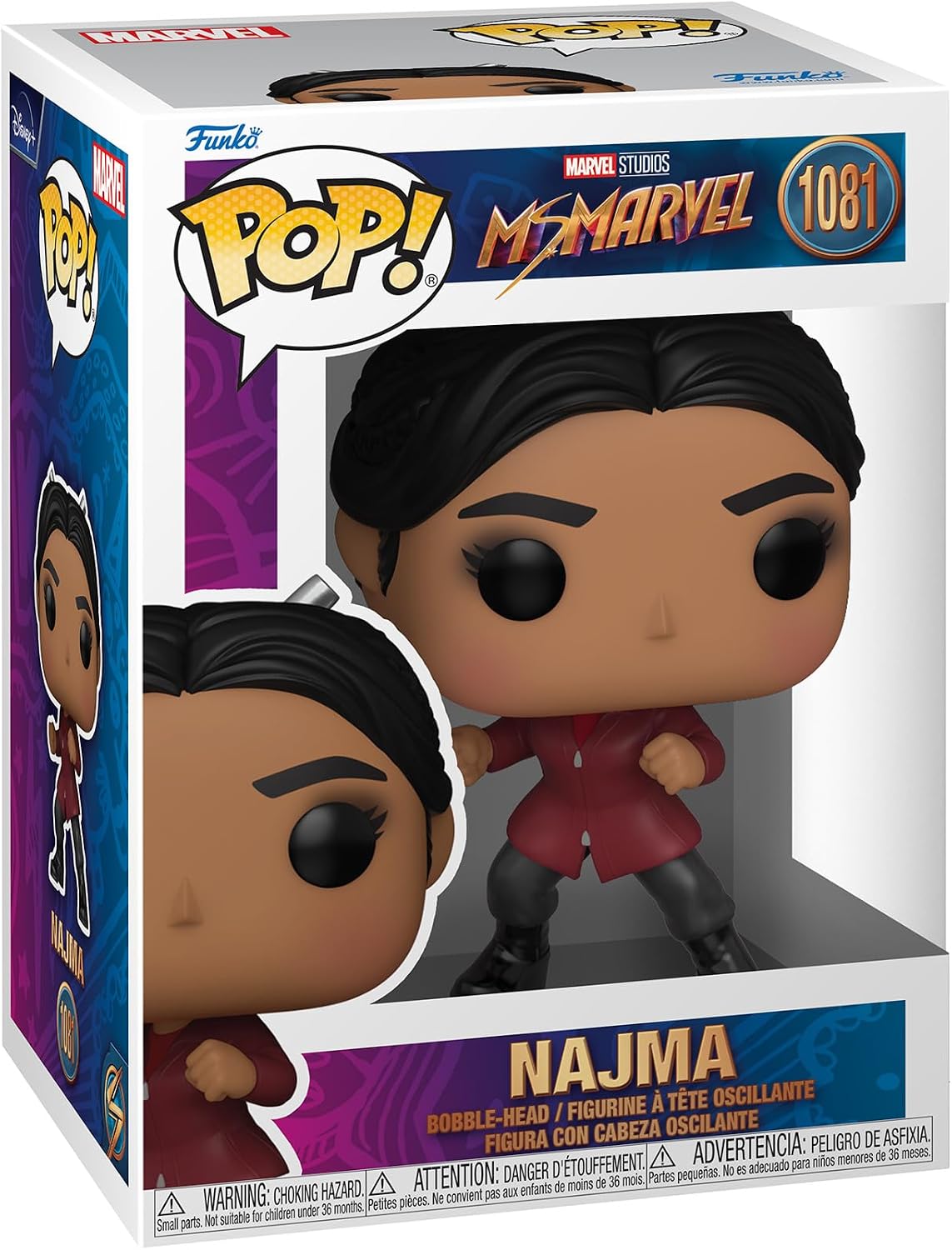 Funko Pop! Marvel's Mad Marvel Najma vinyl figure in its original window box packaging, featuring character art and the Funko Pop! branding.