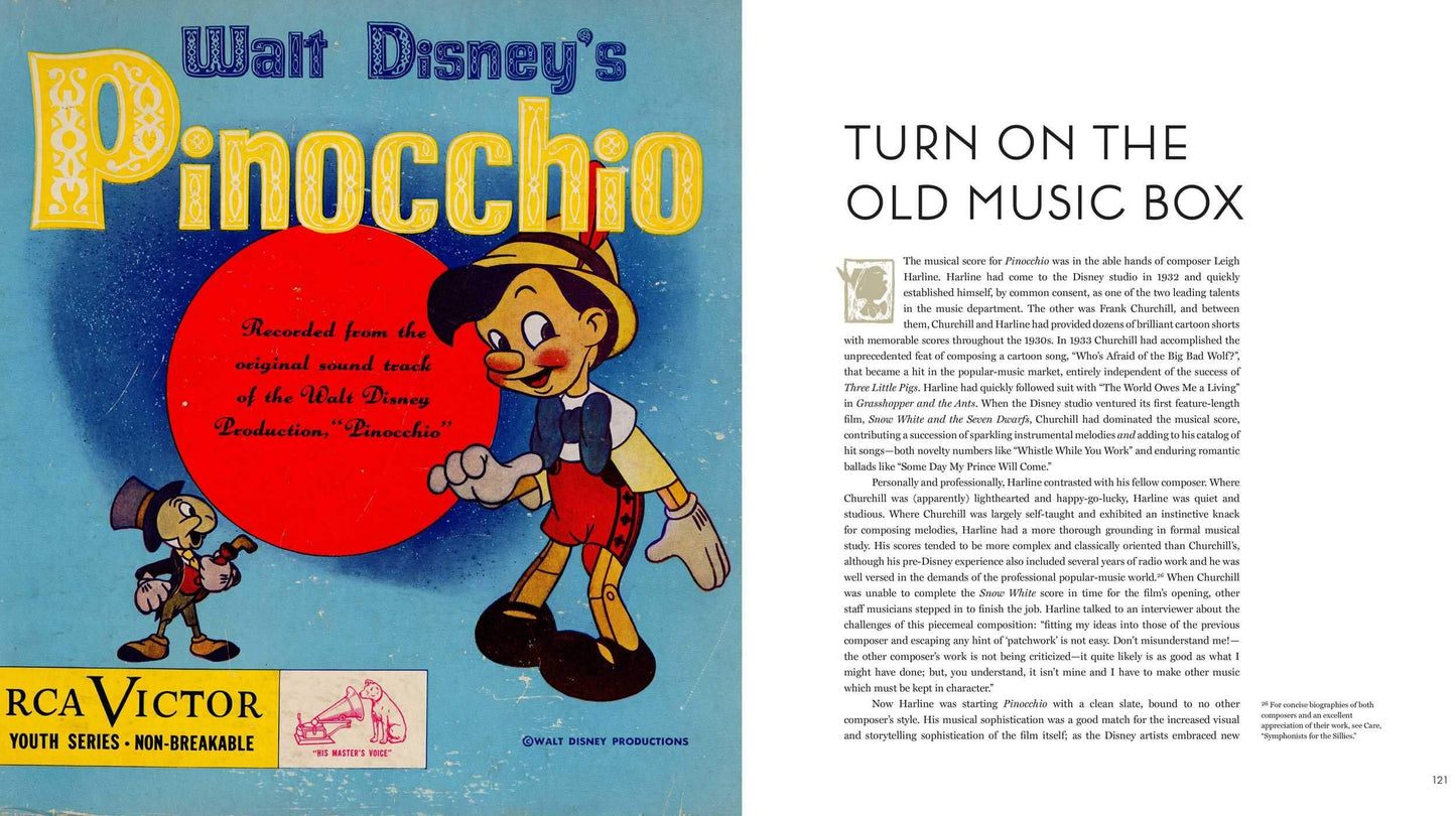 A vintage illustrated book or booklet spread showing Walt Disney's Pinocchio on the left page and text reading 'TURN ON THE OLD MUSIC BOX' on the right page. The left page includes the Pinocchio character, a large red oval, and 'RCA Victor' branding at the bottom.