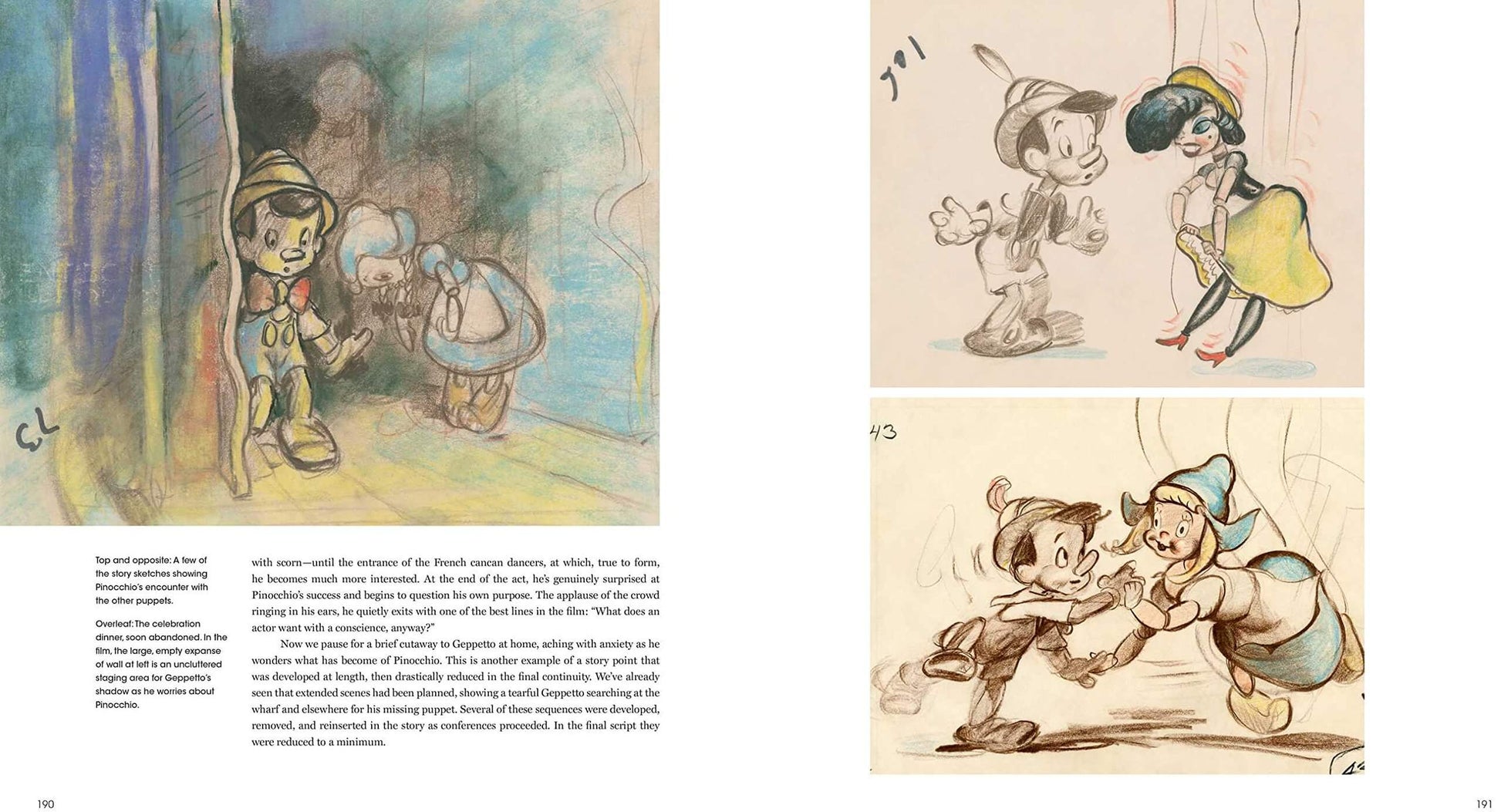 A printed page spread showing illustrated scenes from a fairy-tale story, with text blocks and three cartoon drawings: Pinocchio on the left page and Pinocchio, Jiminy, and a yellow-clad character on the right page.