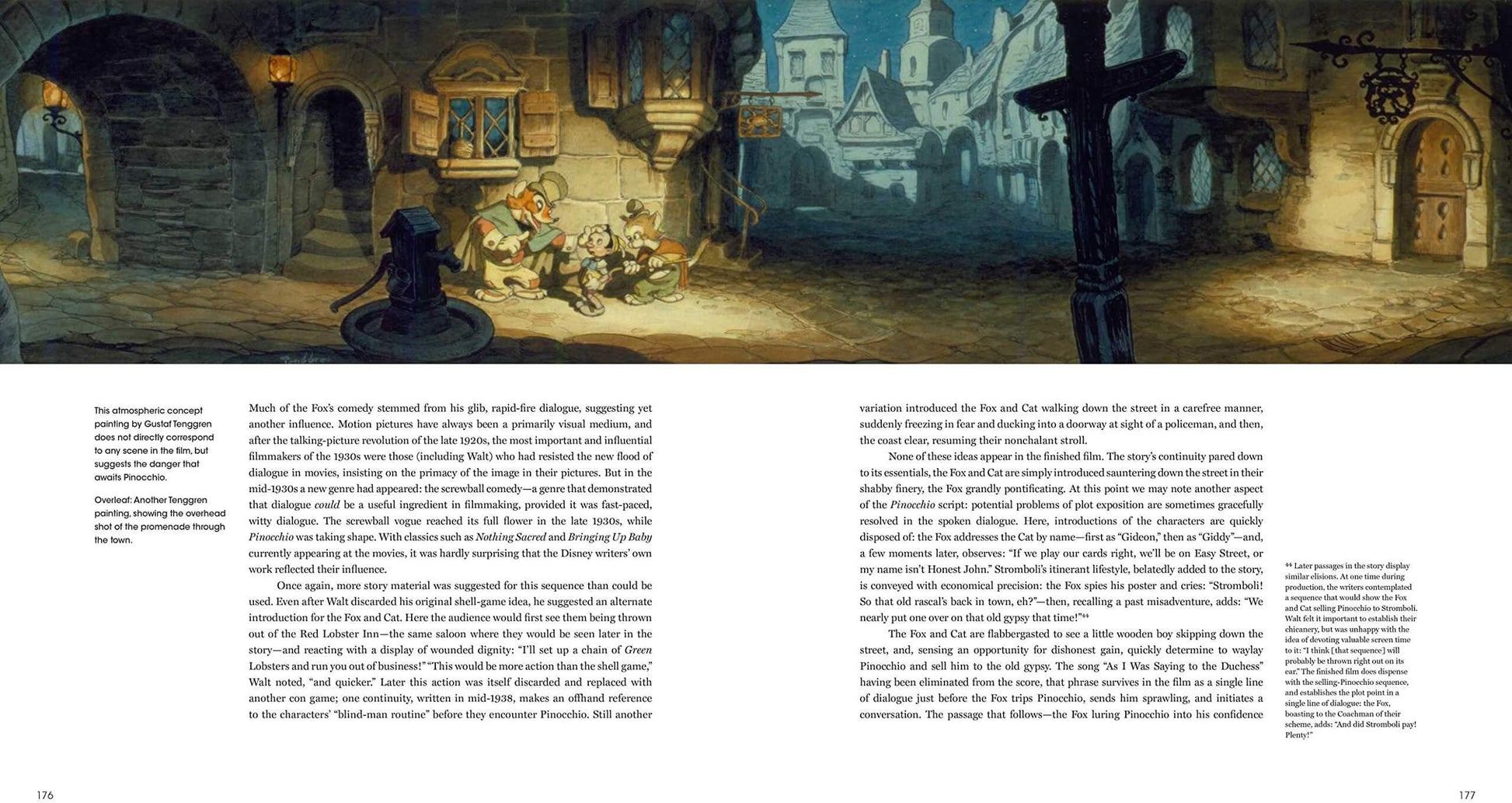 A printed art book spread showing a detailed medieval street scene painting across the top and extensive caption text below, with no people or real environment outside the printed page.