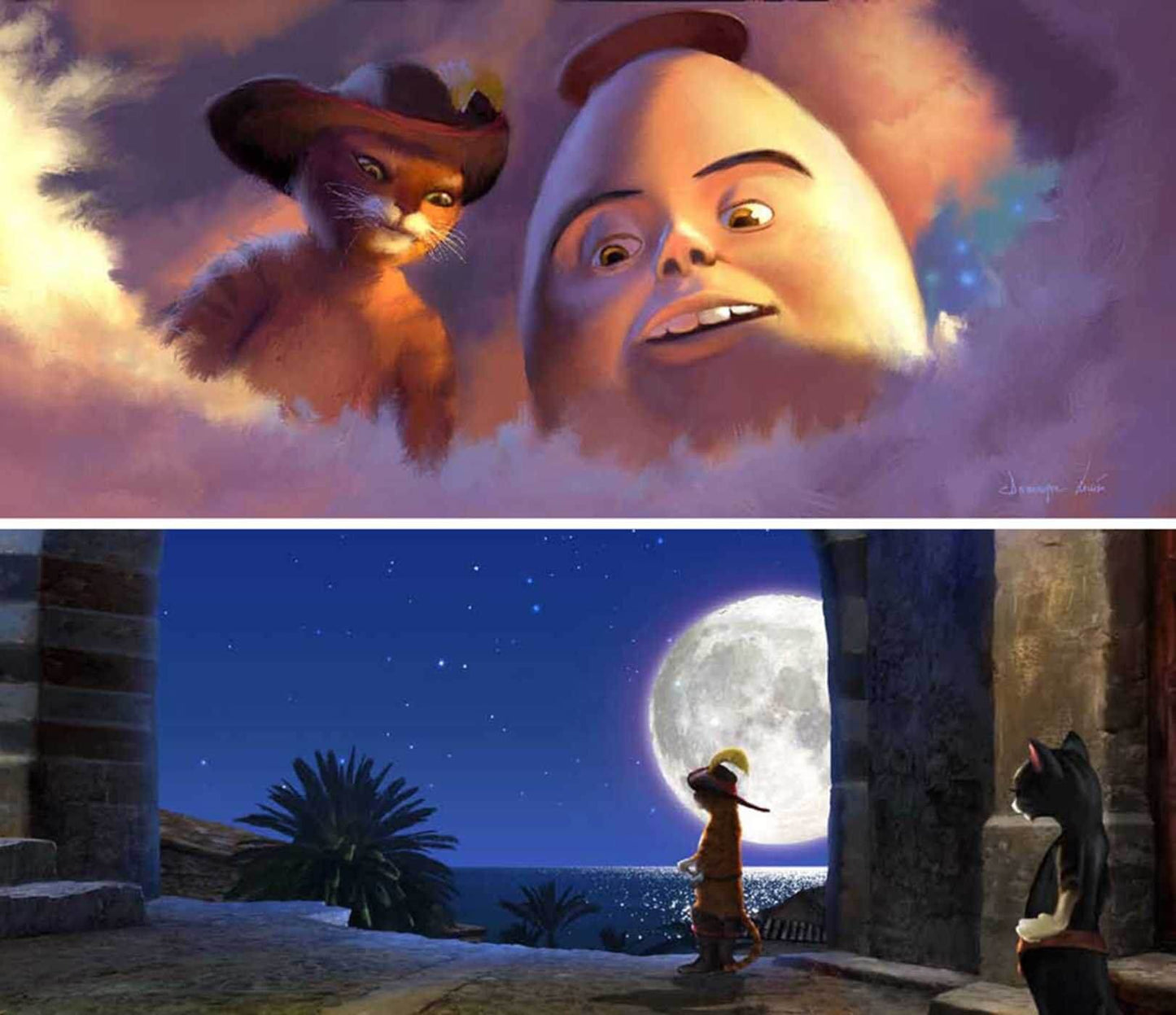 A split-panel artwork showing Puss in Boots and the Moon Man floating in clouds at the top, and Puss standing by the sea under a full moon with the Moon Man watching from a stone structure at the bottom.