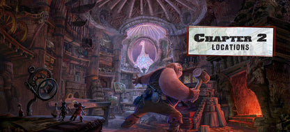 Game scene with a character in a workshop and 'Chapter 2 Locations' sign.