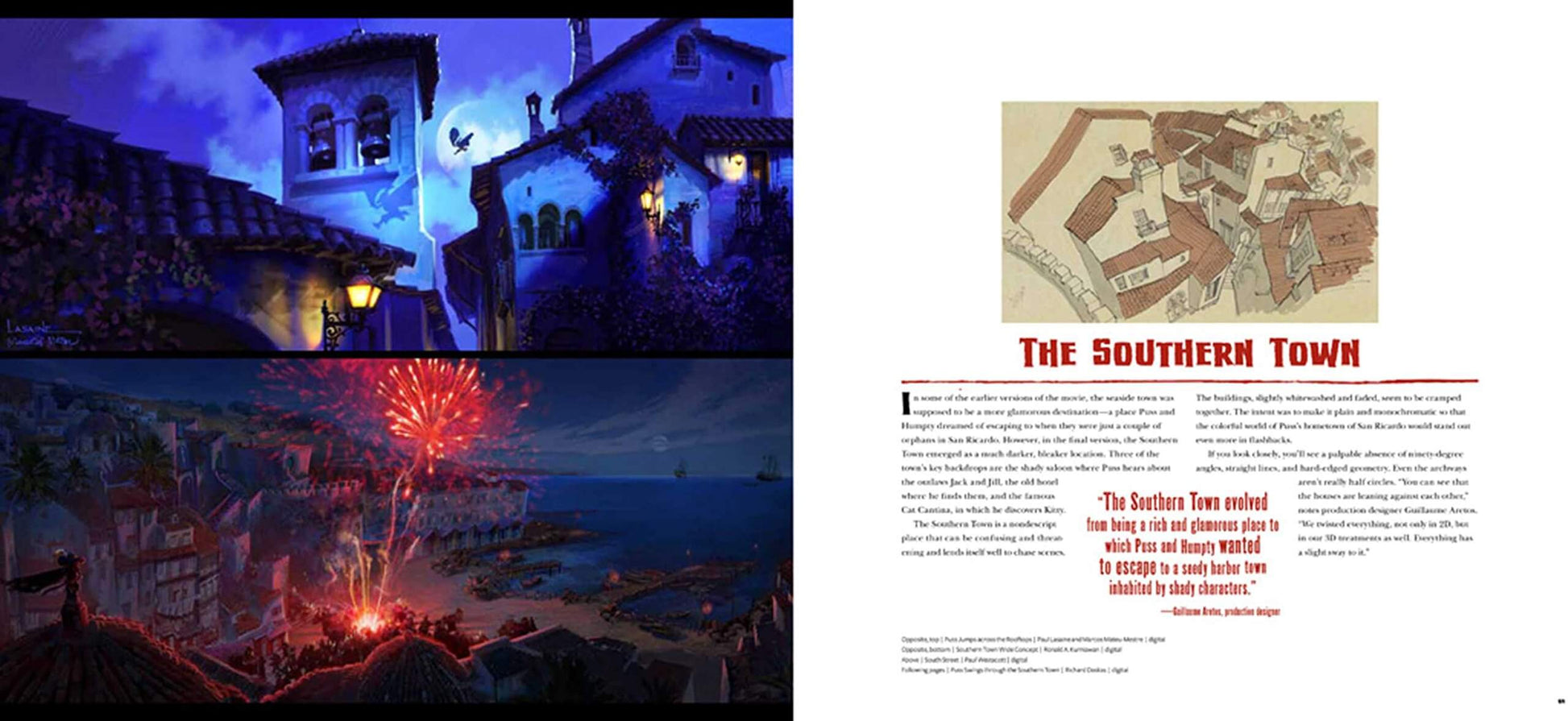 A printed page spread titled 'THE SOUTHERN TOWN' with two large illustrated panels showing a nighttime Southern town scene and a small map at the top right, set against a white page background.