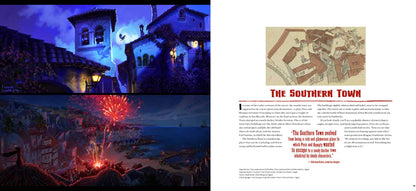 A printed page spread titled 'THE SOUTHERN TOWN' with two large illustrated panels showing a nighttime Southern town scene and a small map at the top right, set against a white page background.
