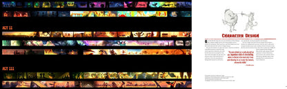 Illustrated book or comic layout with character design and scene transitions.
