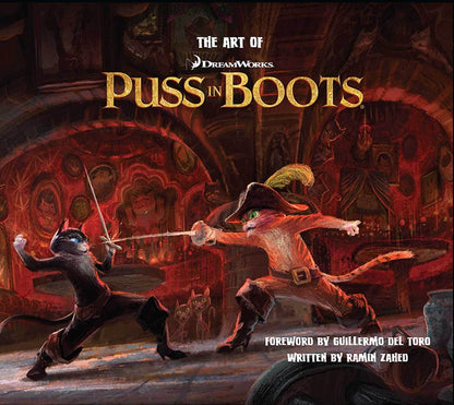Cover art for 'The Art of Puss in Boots' featuring illustrated characters Puss and Kitty Softpaws in a dramatic setting, indicative of the book's content focusing on the art and story of the Puss in Boots movie.