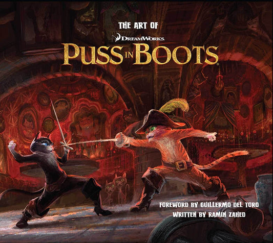 Cover art for 'The Art of Puss in Boots' featuring illustrated characters Puss and Kitty Softpaws in a dramatic setting, indicative of the book's content focusing on the art and story of the Puss in Boots movie.