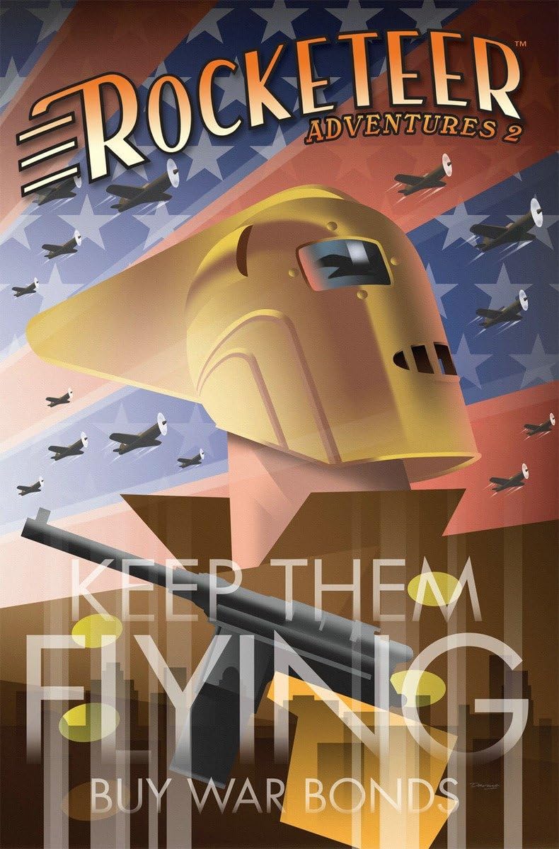 Vintage-style poster of a helmet with a rifle, featuring text 'Rocketeer Adventures' and 'Keep Them Flying Buy War Bonds'.