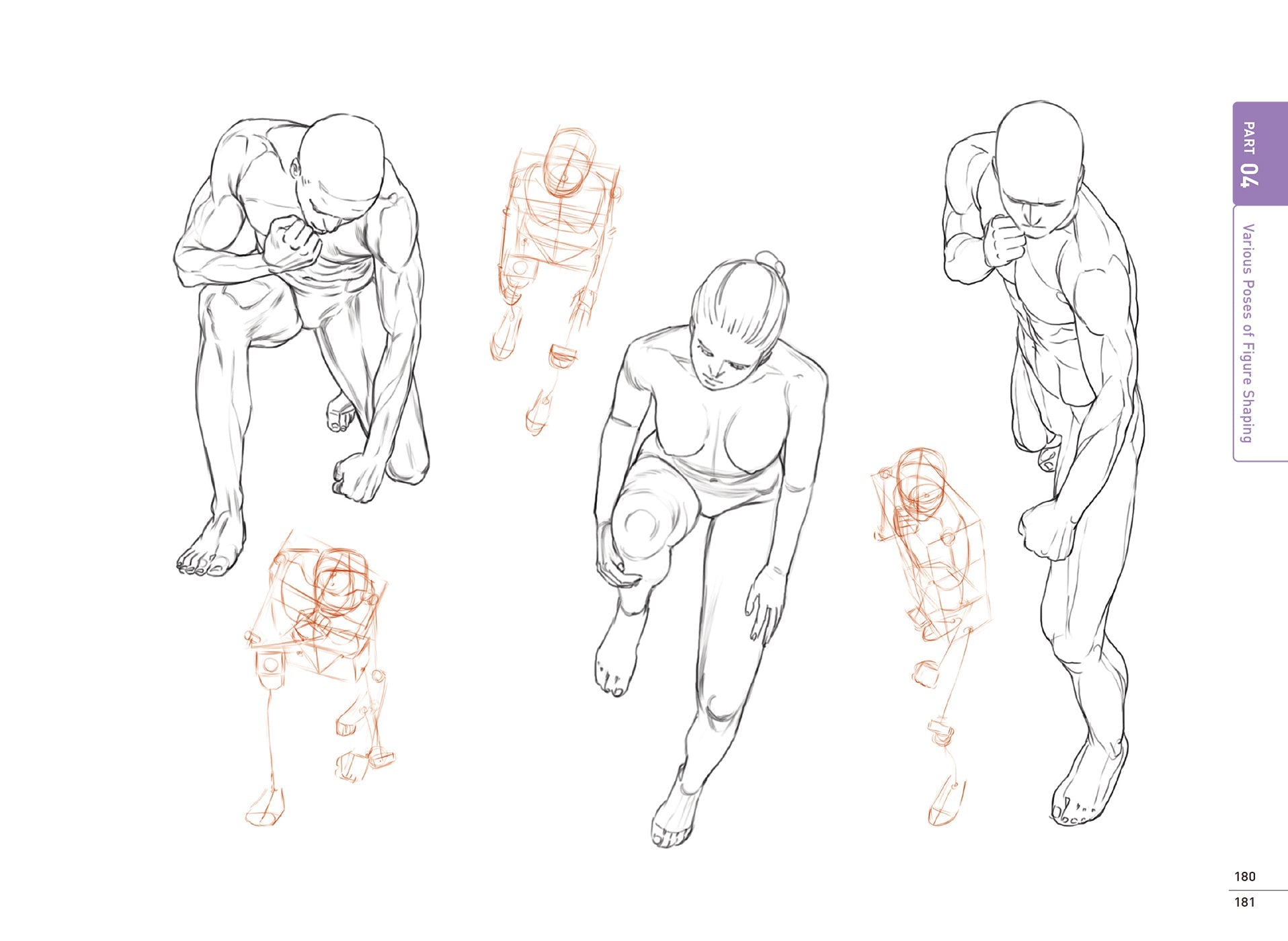 Line drawings of a person in various poses with annotated skeletons on a white background.