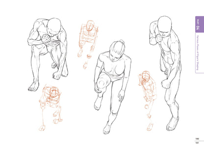 Line drawings of a person in various poses with annotated skeletons on a white background.
