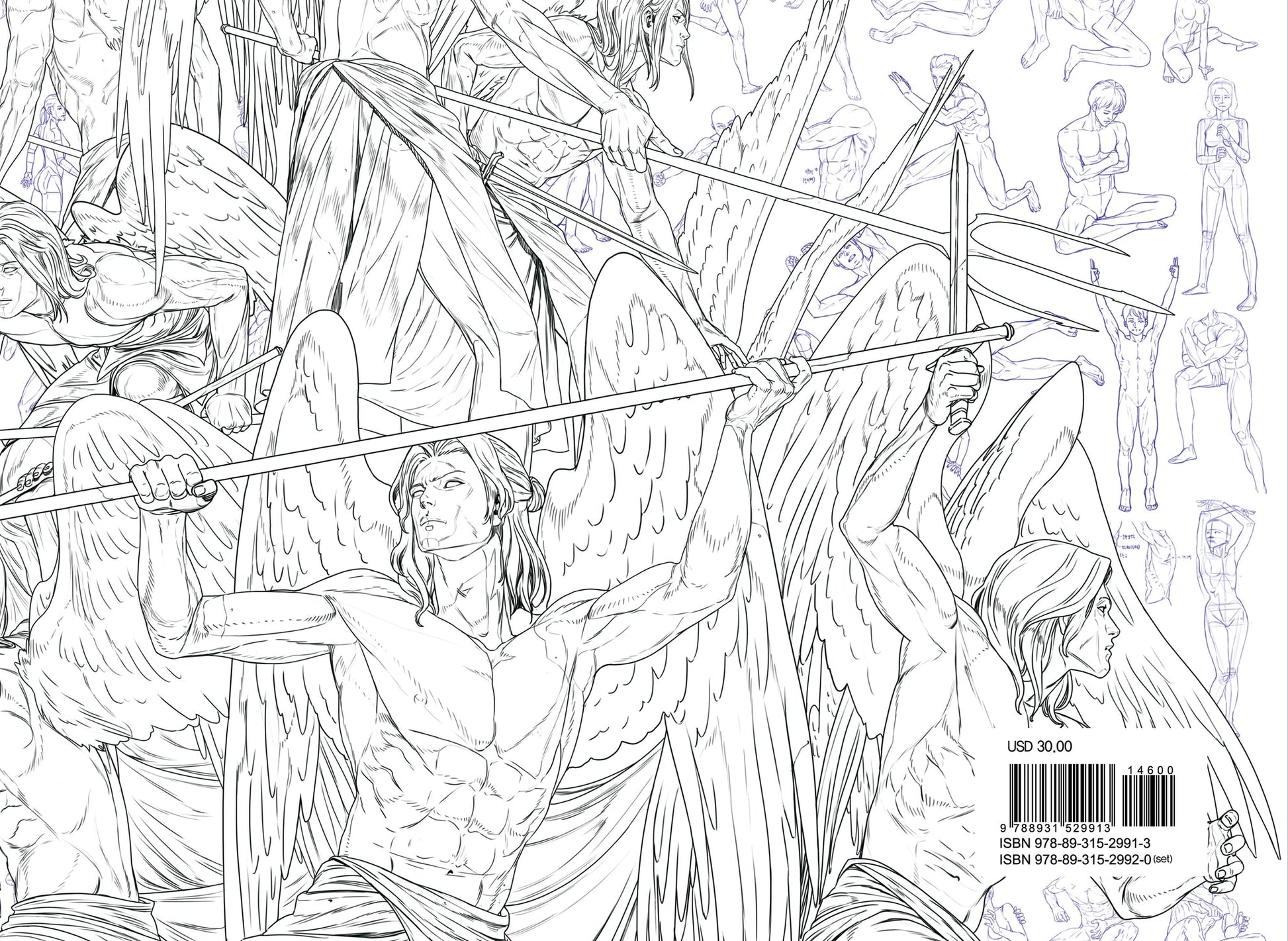 Black and white illustration of a warrior with bow and arrows in a forest setting, with visible text and barcodes.