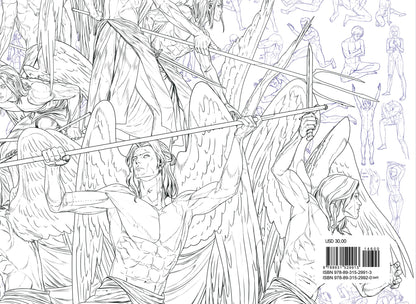 Black and white illustration of a warrior with bow and arrows in a forest setting, with visible text and barcodes.