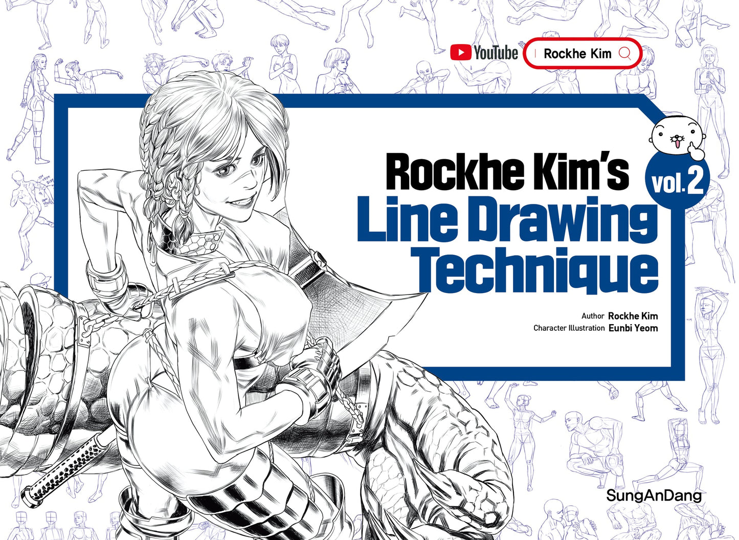 Book cover of 'Rockhe Kim's Line Drawing Technique Vol. 2' with a character illustration and branding elements.
