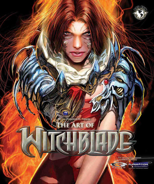 Book cover of 'The Art of Witchblade' with a character in warrior attire and fiery background.