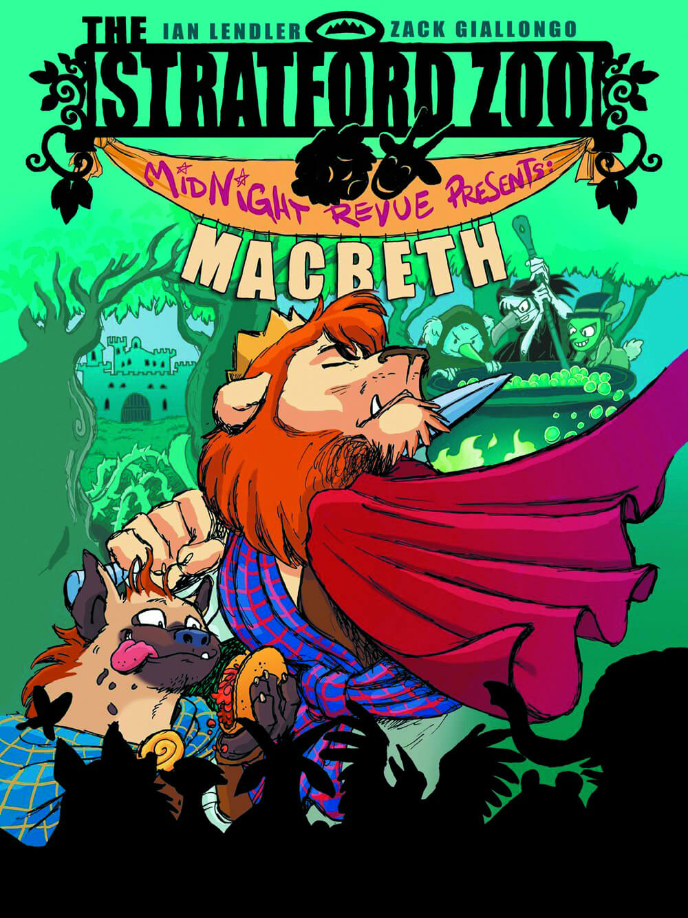 Cover of the graphic novel 'Midnight Revue Presents Macbeth' featuring a cartoon illustration of an animal character in a red cape and crown, resembling a lion, with other animals in the background.