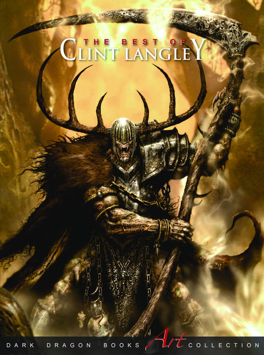 Cover art for 'The Best of Clint Langley Art Book HC' featuring an illustrated character with a fantasy-style helmet and wielding a staff.