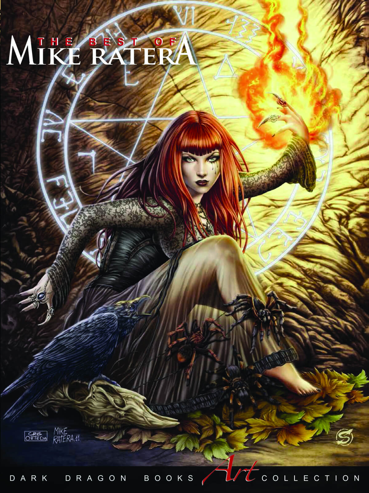 Illustrated book cover for 'The Best of Mike Ratera: Dark Dragon Books Art Collection' featuring a fantasy scene of a red-haired woman seated in a forest with glowing magical symbols behind her, flames in her raised hand, a raven at her side, and spiders on her legs.