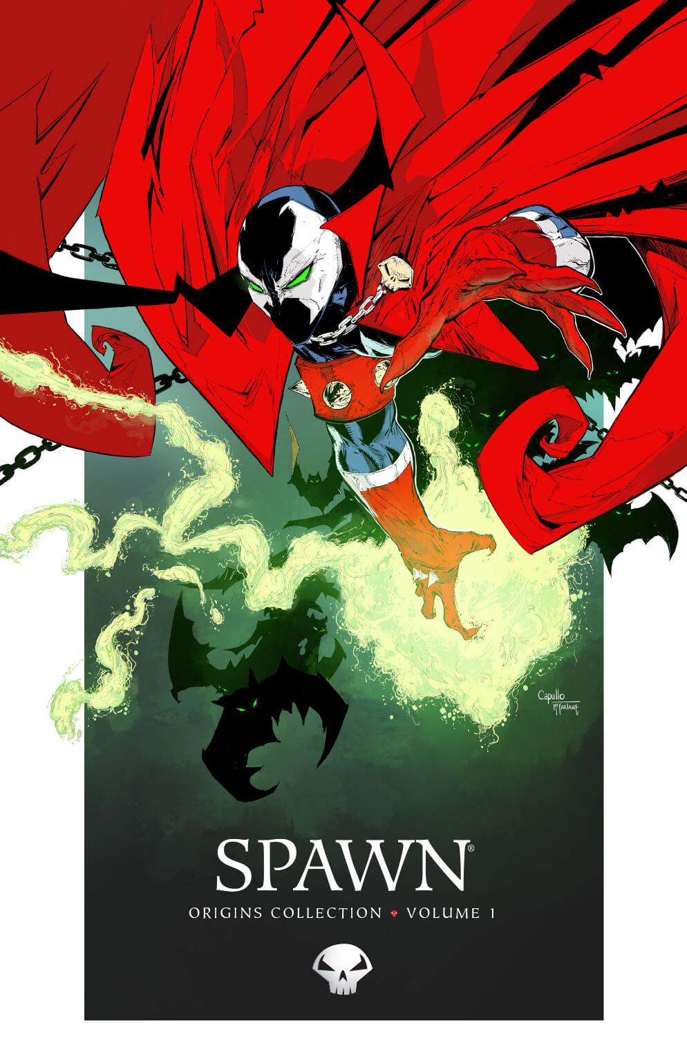 Cover of 'Spawin: Origins Vol. 1' featuring a remastered illustration of Spawn in a dynamic pose with a red cape and green accents, set against a dark, swirling background with a bat-like creature.