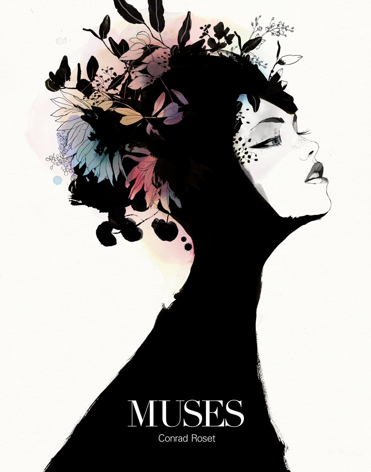 Silhouette of a woman with floral headpiece and 'MUSES' text on a white background
