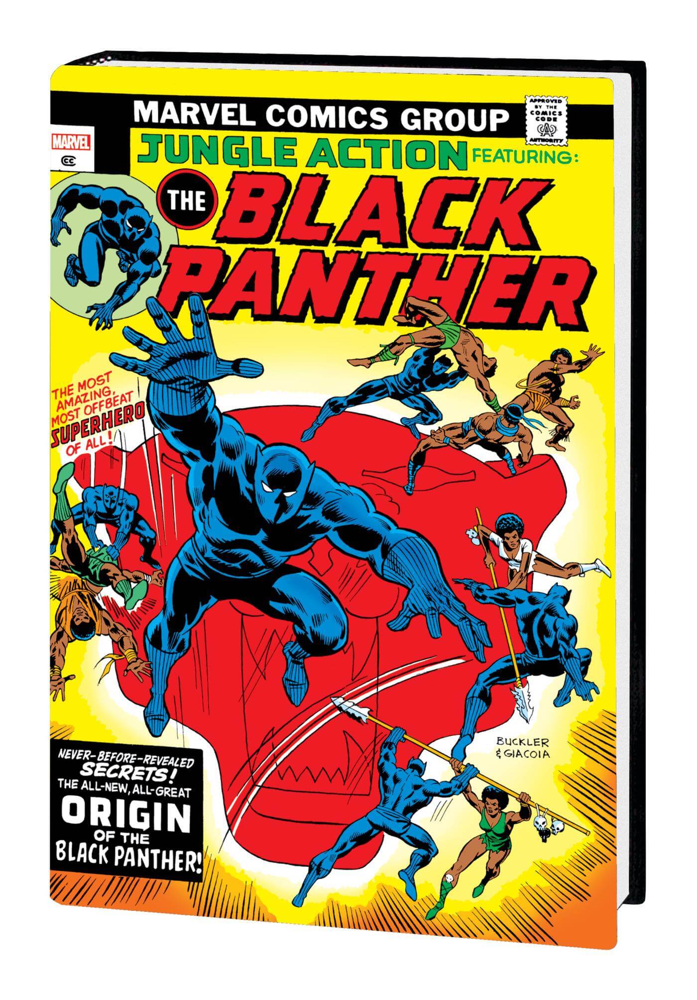 Cover of 'Black Panther: The Early Marvel Years Omnibus Vol. 1' featuring a dynamic illustration of the Black Panther in action, surrounded by a vibrant background of hispanito comic book style.