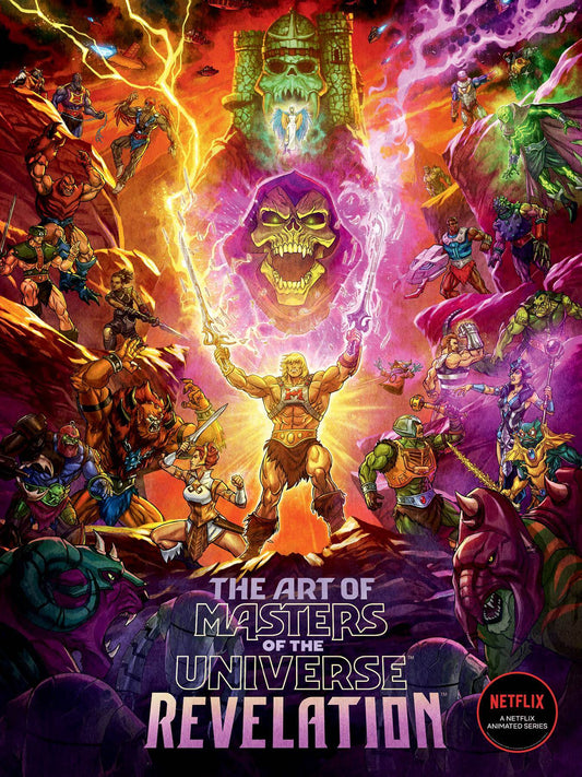 Cover of 'The Art of Masters of the Universe: Revelation' hardcover book featuring various animated characters from the series, with a central character holding a sword, set against a vibrant, fantasy-themed background.