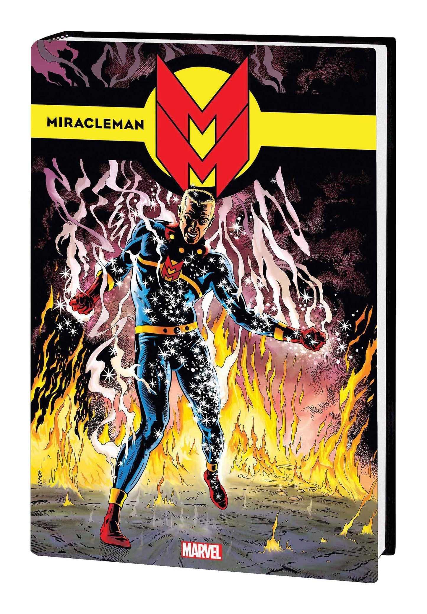 Cover of the 'Miracleman Omnibus' book featuring a character in a superhero costume with a red and yellow cape against a background of flames.