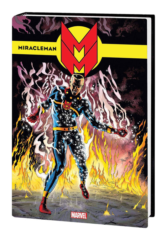 Cover of the 'Miracleman Omnibus' book featuring a character in a superhero costume with a red and yellow cape against a background of flames.