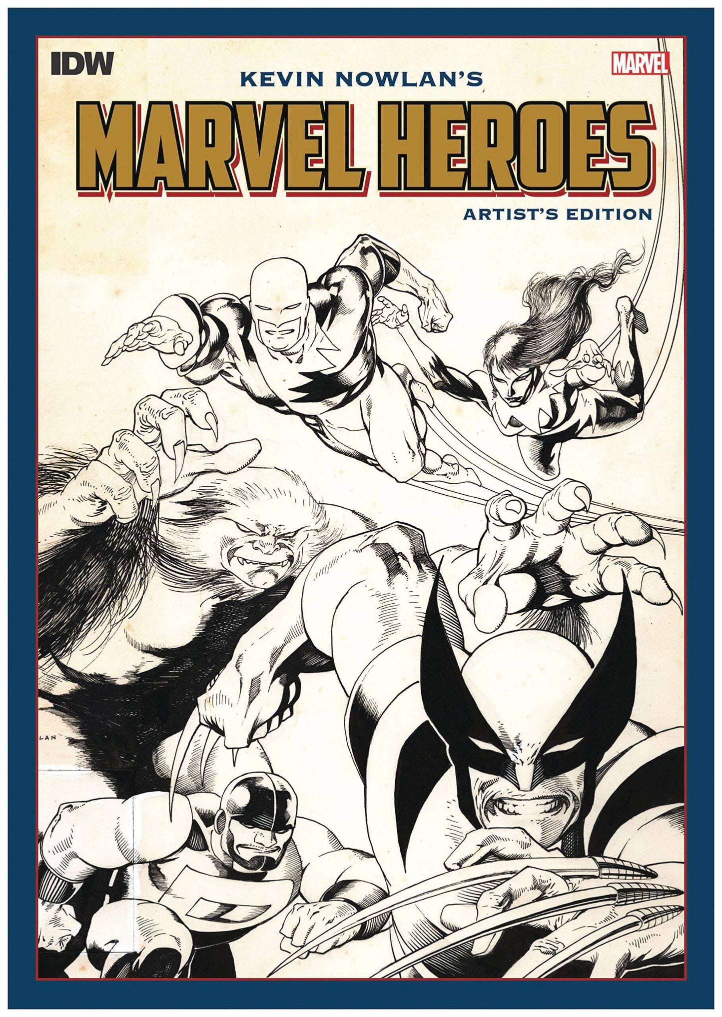 Cover of 'Kevin Nowlan's Marvel Heroes Artist's Edition' featuring illustrated characters from Marvel Comics, including Spider-Man and the Hulk.