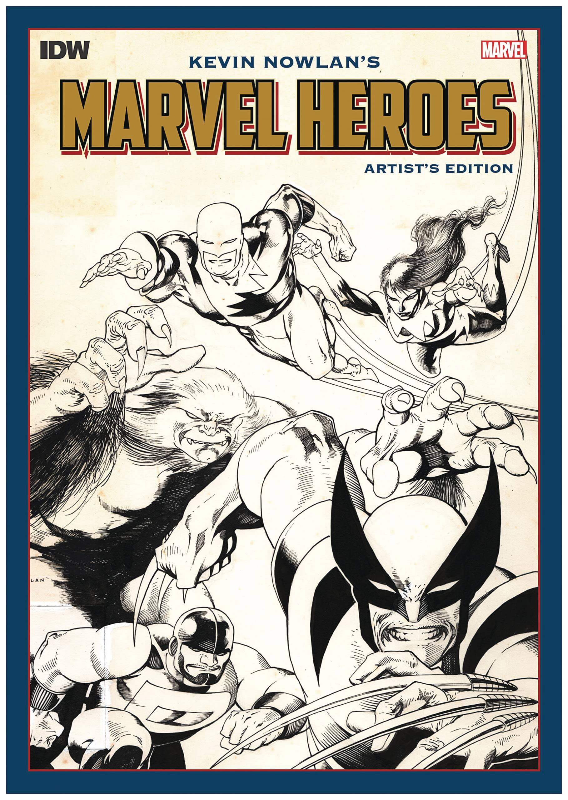 Cover of 'Kevin Nowlan's Marvel Heroes Artist's Edition' featuring illustrated characters from Marvel Comics, including Spider-Man and the Hulk.