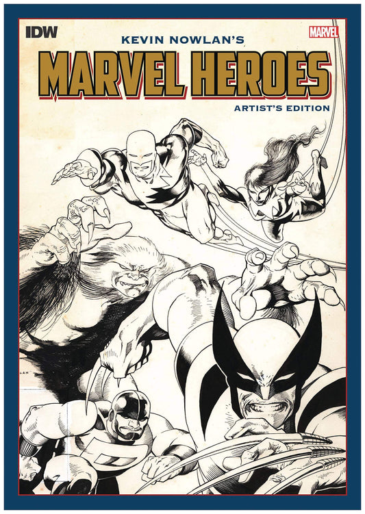 Cover of 'Kevin Nowlan's Marvel Heroes Artist's Edition' featuring illustrated characters from Marvel Comics, including Spider-Man and the Hulk.