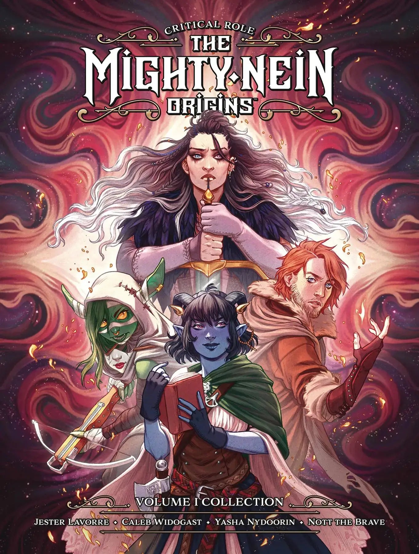 Cover of the book 'Mighty Nein Origins Library Edition' featuring illustrated portraits of the characters Jester Lavorre, Caleb Widogast, Yasha Nydoorin, and Nott the Brave from the Critical Role series, with a fantasy-themed background.