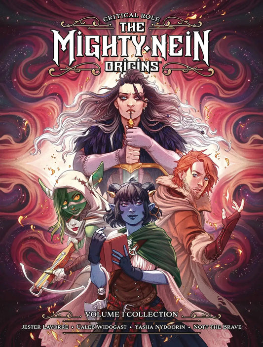Cover of the book 'Mighty Nein Origins Library Edition' featuring illustrated portraits of the characters Jester Lavorre, Caleb Widogast, Yasha Nydoorin, and Nott the Brave from the Critical Role series, with a fantasy-themed background.