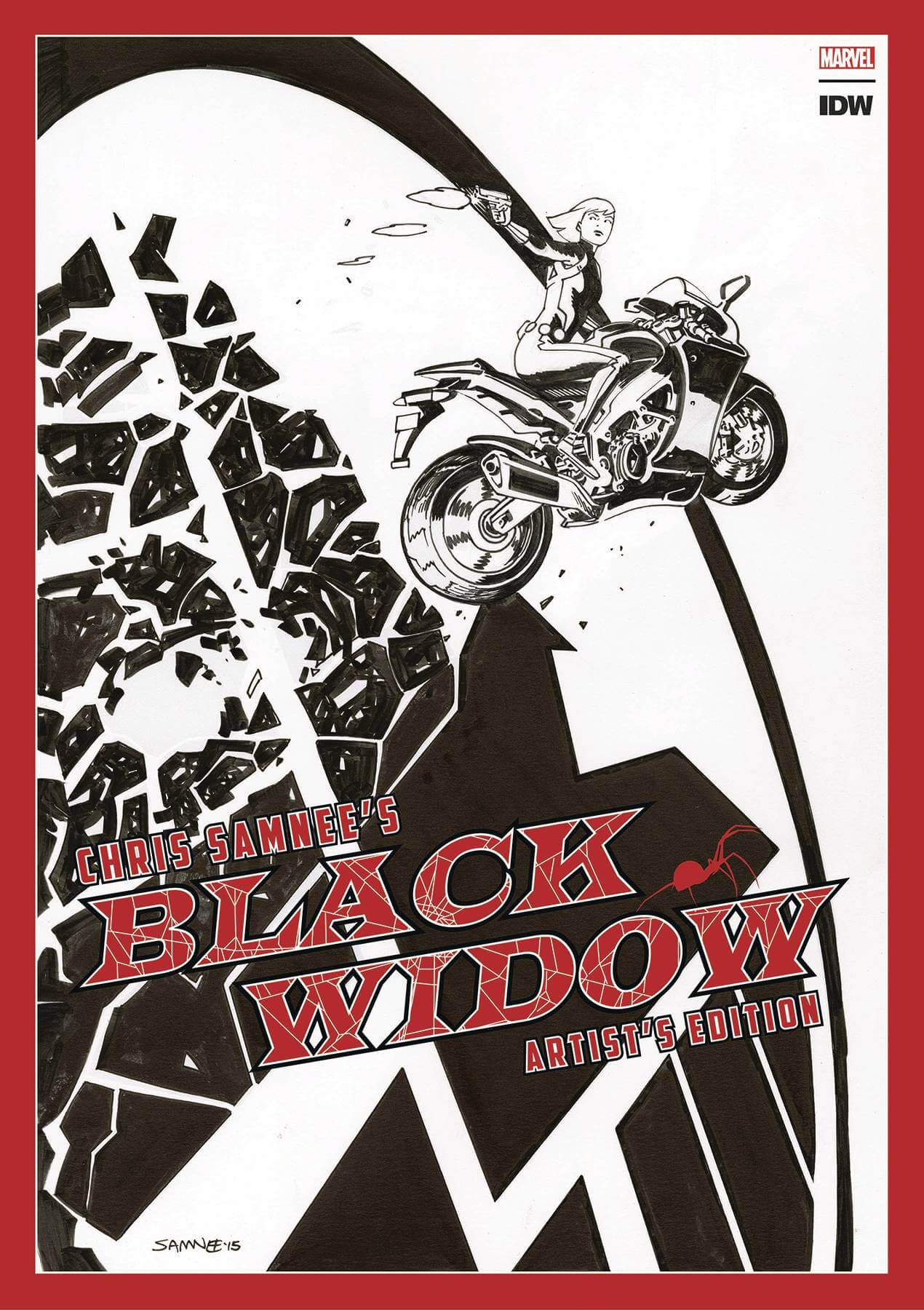 Cover of 'Chris Samnees Black Widow Artists Ed HC' featuring an illustration of the character Black Widow on a motorcycle, with a stylized, fragmented background.