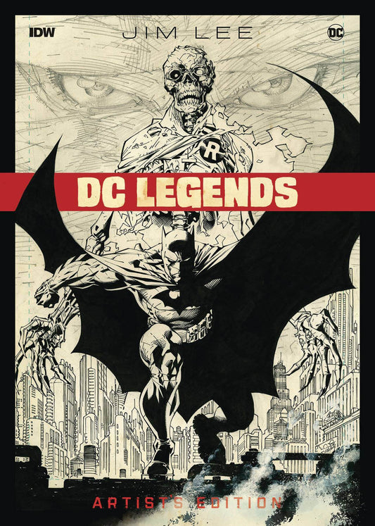 Cover of the book 'Jim Lee: DC Legends Artists Edition' featuring a black and white illustration of Batman and other characters from DC Comics.