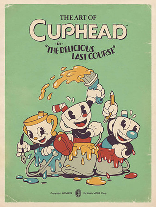 Cover of 'The Art of Cuphead: The Delicious Last Course' featuring cartoon characters from the video game, with a vintage comic book style illustration.